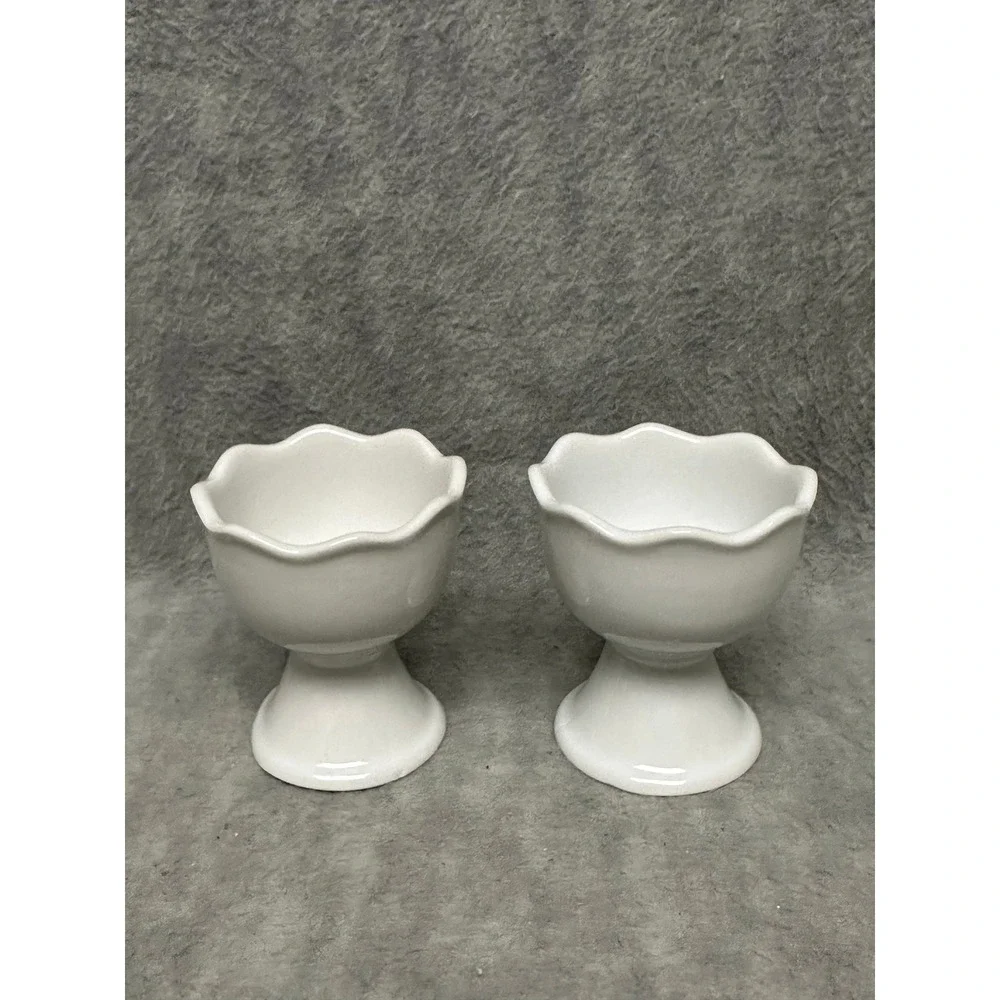 Pier 1 Egg Cup Set of 2 White Scalloped‎ Ceramic Pedestal Pair